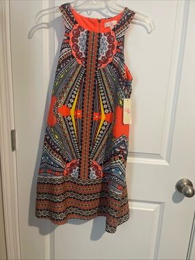 GB girls Coral and Multicolor Geometric Sleeveless Dress XL A Line Knee Length